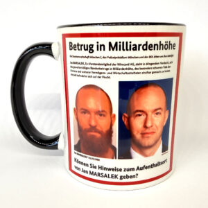 Kaffeetasse mit Fahndungsplakat-Design: Betrug in Milliardenhöhe